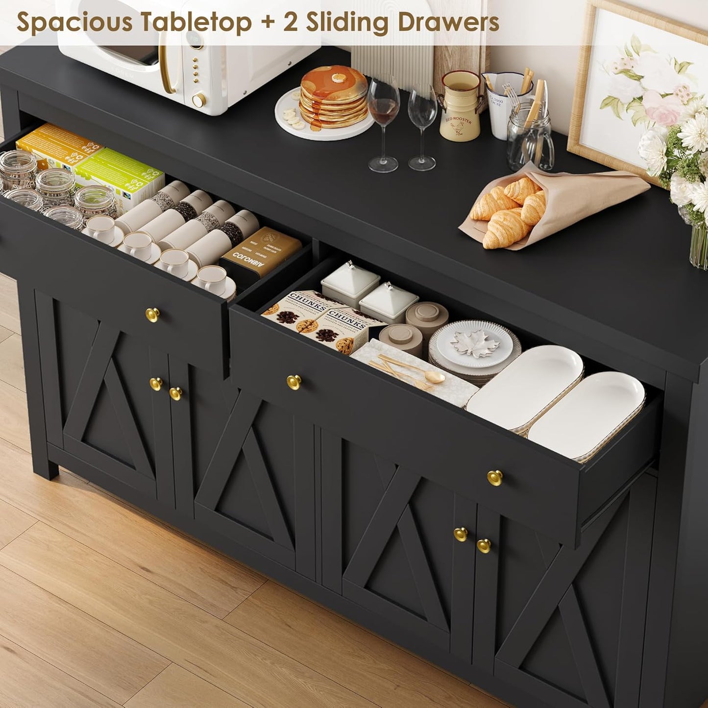 Sideboard Buffet Cabinet with Storage, 55" Large Kitchen Storage Cabinet with 2 Drawers and 4 Doors, Wood Coffee Bar Buffet Table for Kitchen Dining Room, Black