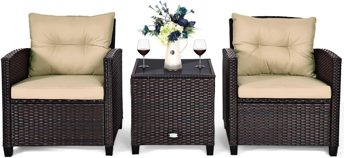3 Pieces Patio Furniture Set, PE Rattan Wicker 3 Pcs Outdoor Sofa Set W/Washable Cushion and Tempered Glass Tabletop, Conversation Furniture for Garden Poolside Balcony (Beige)