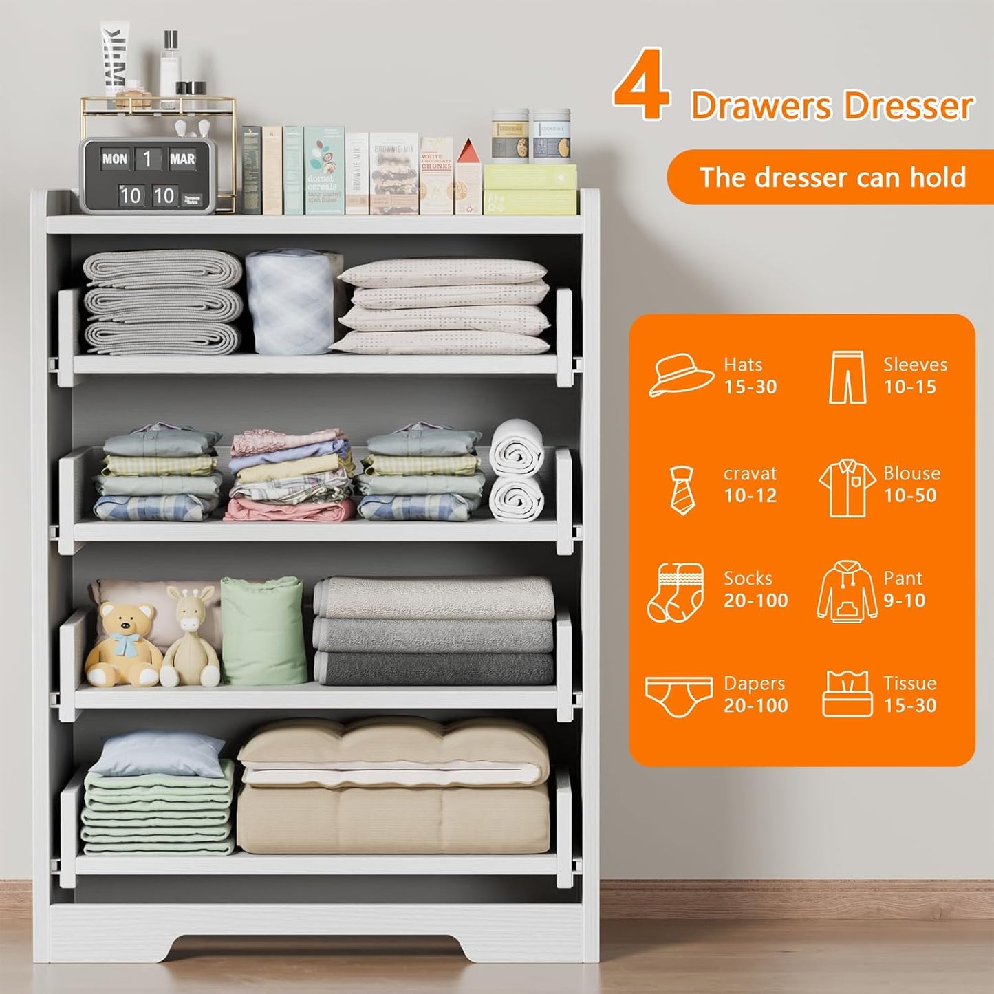 4-Drawer Dresser for Bedroom - White Wood Chest of Drawers Closet Storage Cabinet Organizer for Bedroom, Living Room, Hallway & Office