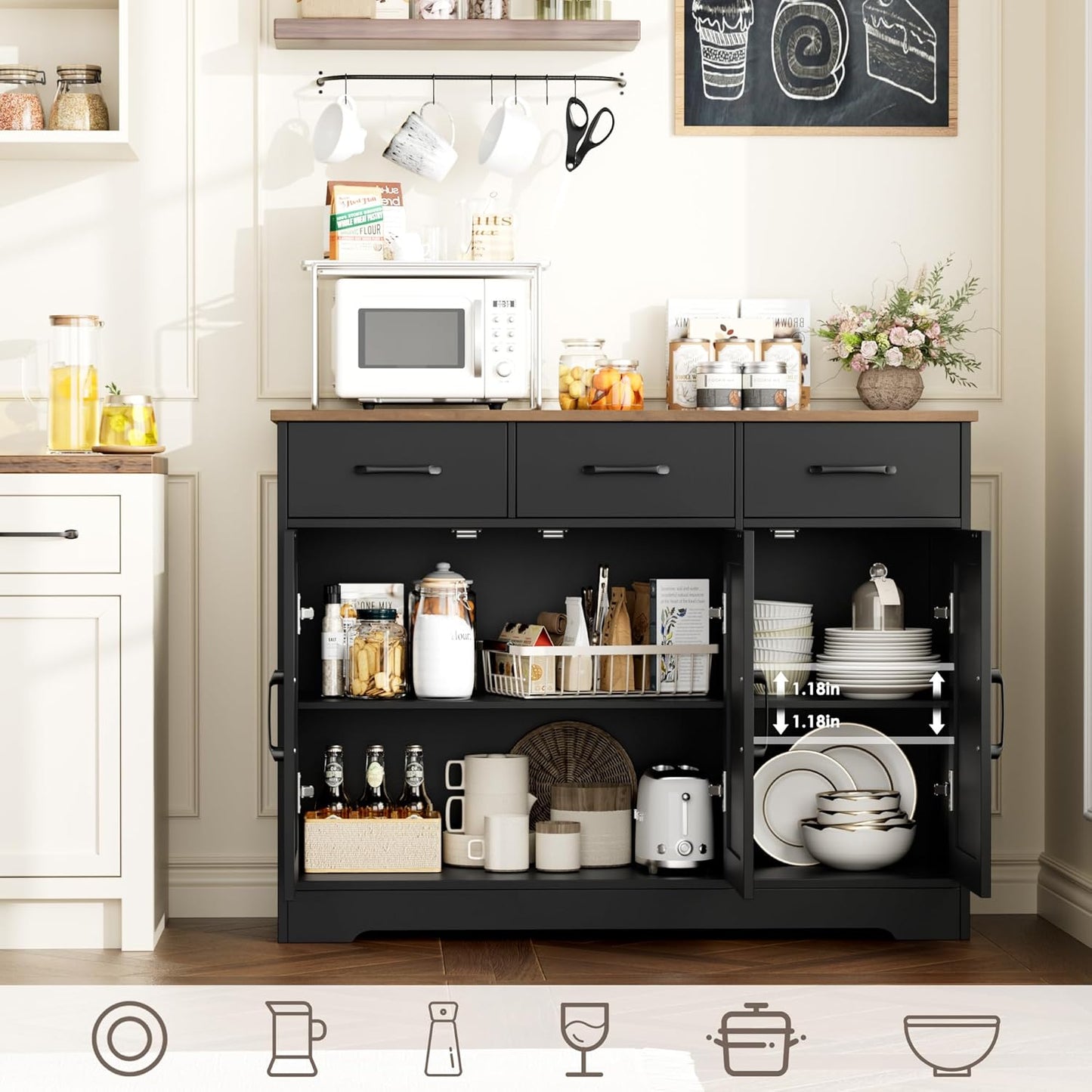 Modern Farmhouse Buffet Sideboard Cabinet, Barn Doors Storage Cabinet with Drawers and Shelves, Wood Coffee Bar with Storage for Dining Room, Kitchen, Living Room, Black/Rustic Brown