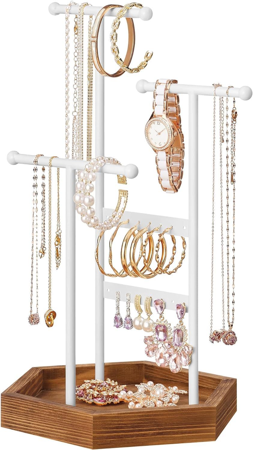 Jewelry Holder, Jewelry Organizer, 3 Tiers and 1 Tray, Jewelry Display Stand with Metal Frame, Necklace Earring Bracelet Holder, for Rings, Pale Gold and White UJJS003A01