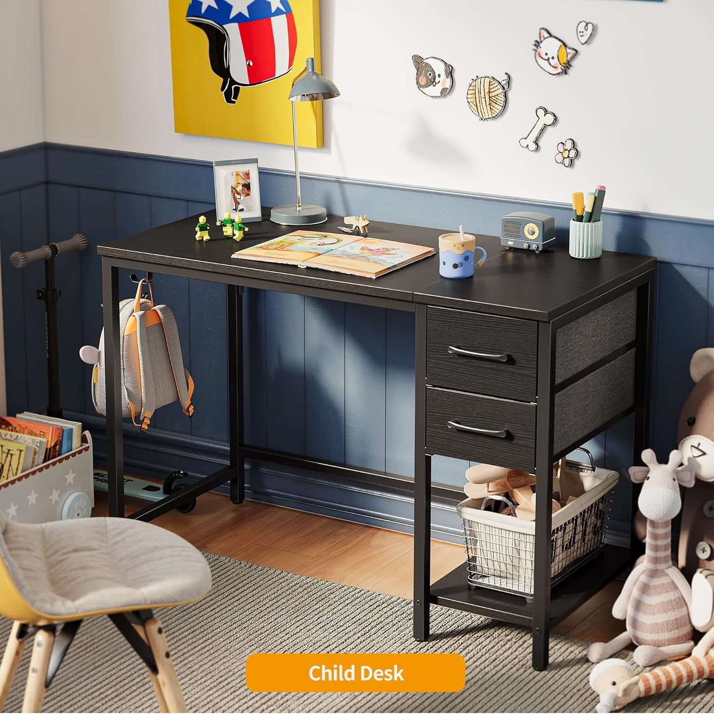 Computer Desk with 2 Drawers, 40 Inch Small Home Office Desk with Storage Study Writing Table, Modern Black