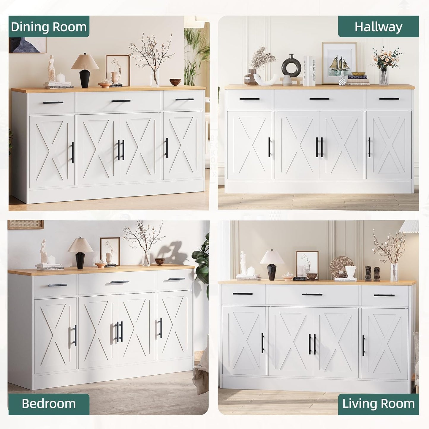 Buffet Cabinet with Storage,53.4" Large Kitchen Storage Cabinet with 3 Drawers and 4 Doors,Wood Farmhouse Buffet Sideboard with Adjustable Shelf for Kitchen Living Room