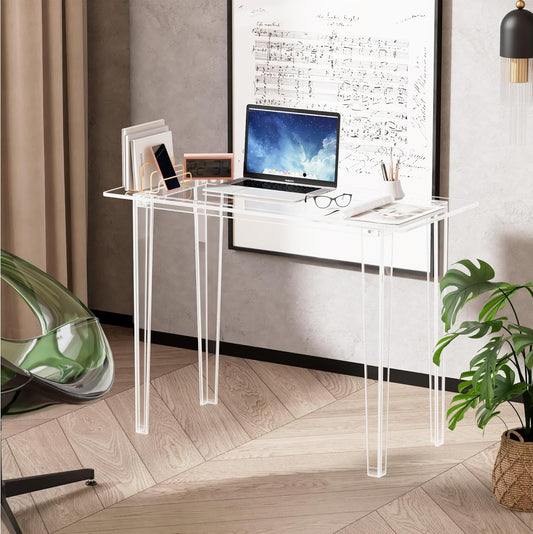 Acrylic Desk - Clear Acrylic Table, Modern Home Office Study Table, Extended Surface Multi-Purpose Console, Sturdy Lightweight Workstation for Small Spaces (Transparent-L)
