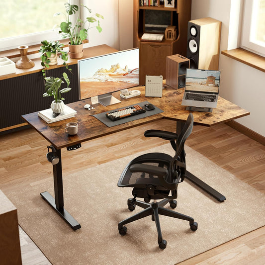 Electric Standing Desk, Height Adjustable Desk, 55 X 32 Inch Sit Stand up for Work Office Home, L Shaped Ergonomic Rising Computer Table with Memory Preset, Rustic Brown