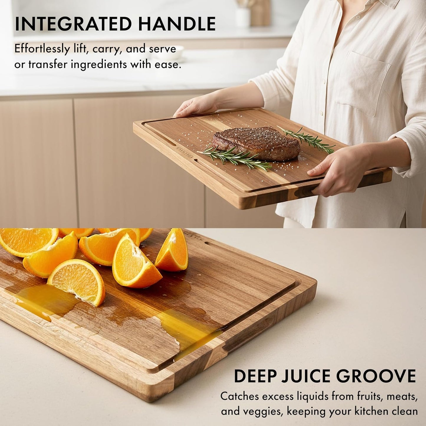 Acacia Wood Cutting Board for Kitchen, Non-Toxic Cutting Board Set of 3, Chopping Boards with Deep Juice Groove for Meat, Cheese & Vegetables - Durable & Double Sided with Serving Compartments