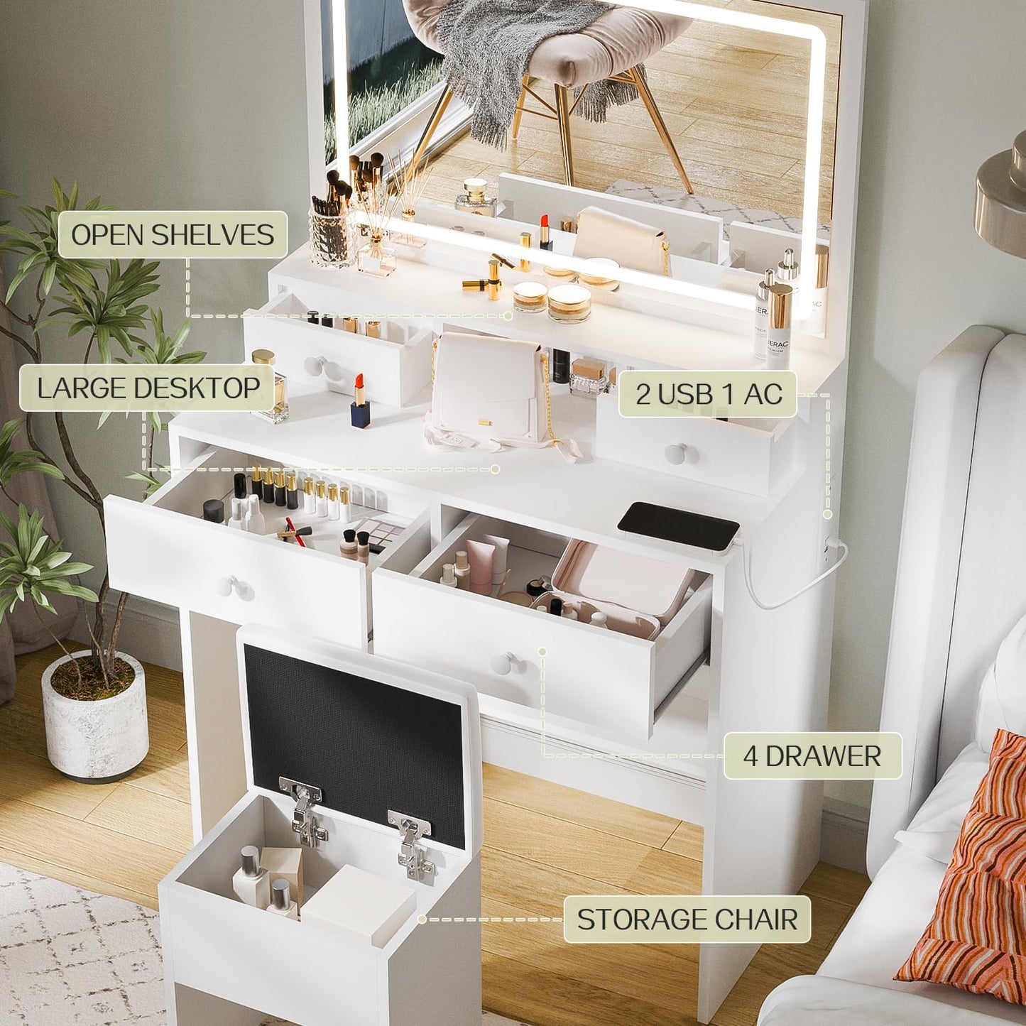 Vanity Desk with Mirror and LED Lights, White Makeup Vanity with Power Outlet, Storage Drawers and Chair, Dressing Table Set for Bedroom Dressing Room