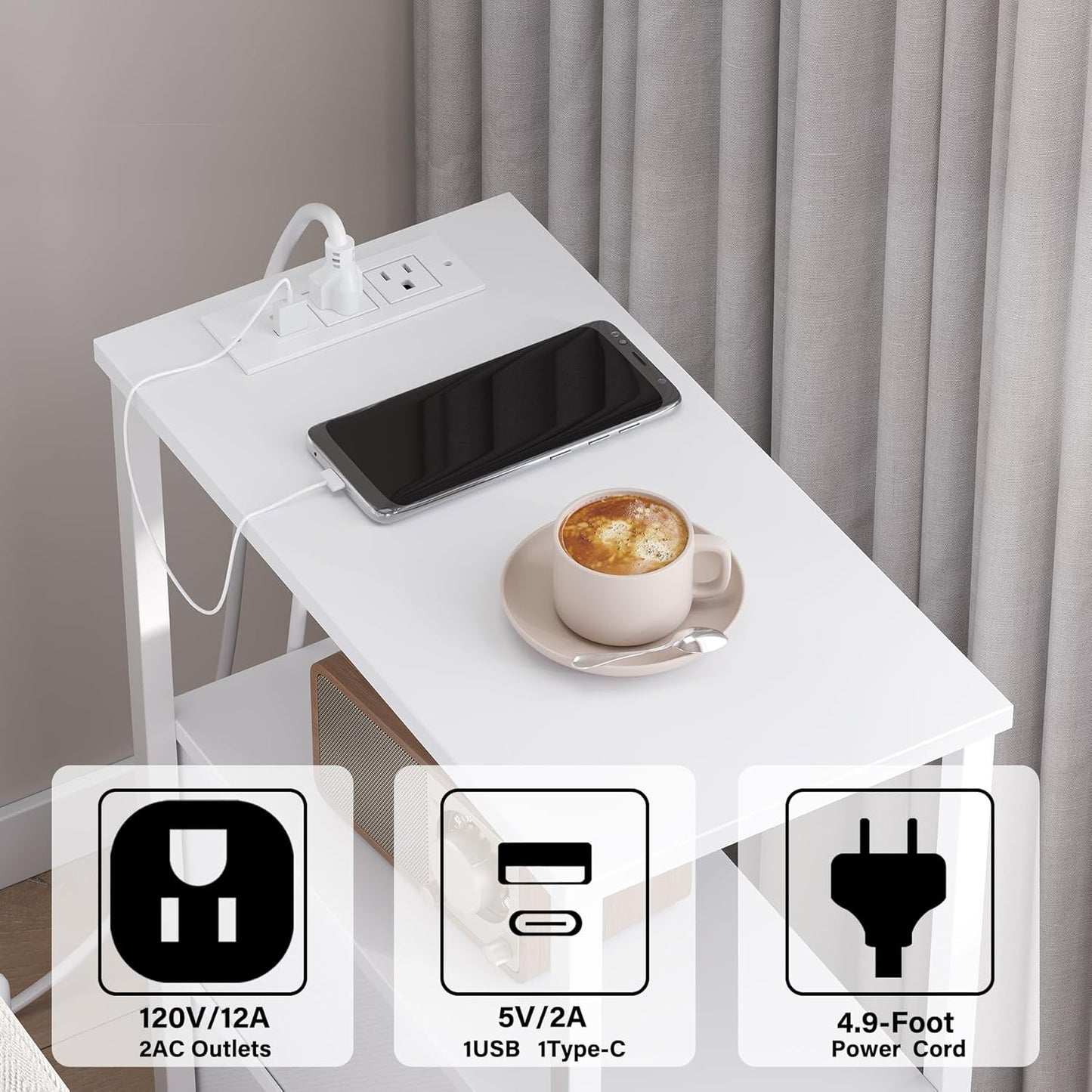 Narrow LED Night Stand with Charging Station, Slim End Table with Plugins, Tall Side Table with 3 Fabric Drawer, Small Bedside Table with Storage, for Living Room, White TB01BW086L