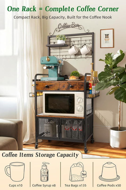 Rolling Coffee Bar Cart for Small Spaces, Coffee Station Cabinet with Storage, Apartment Coffee Nook, Side Syrup Rack, Tea Pod Drawer, Magnetic Doors, Lockable Wheels, Rustic Brown