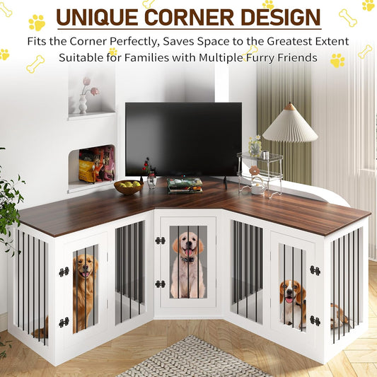 Large Dog Crate Furniture for 3 Dogs, 113'' Corner Dog Crate with Divider, 3 in 1 Heavy Duty Indoor Wooden Dog Kennel Furniture for Small Medium Large Dogs, White