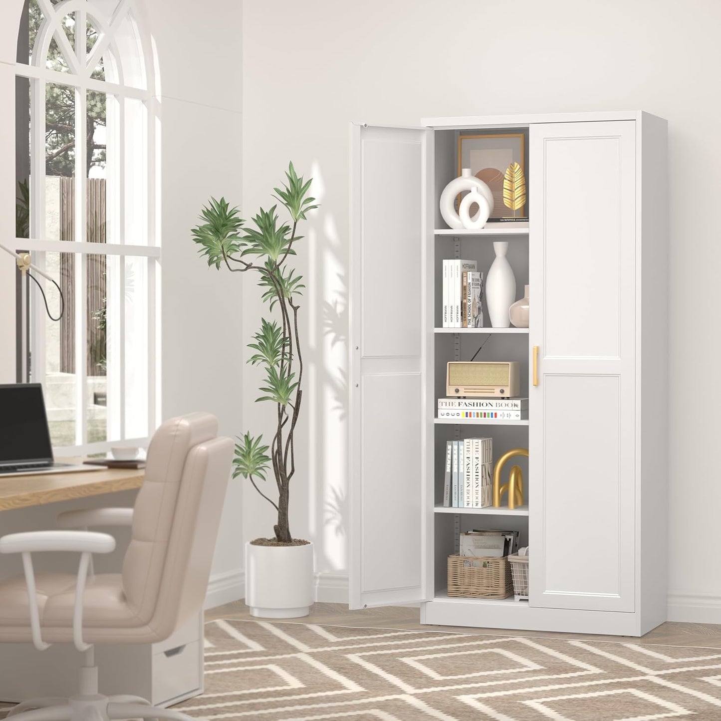 White metal kitchen pantry cabinet with doors and four shelves, view 8