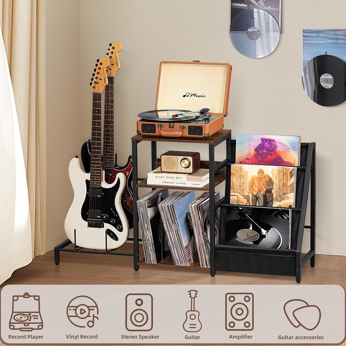 Record Player Stand, Adjustable Guitar Stand for Acoustic Guitar, Electric Guitar, Bass, Turntable Stand with Vinyl Display Shelf Storage up to 150 Albums,Brown End Table for Music Room