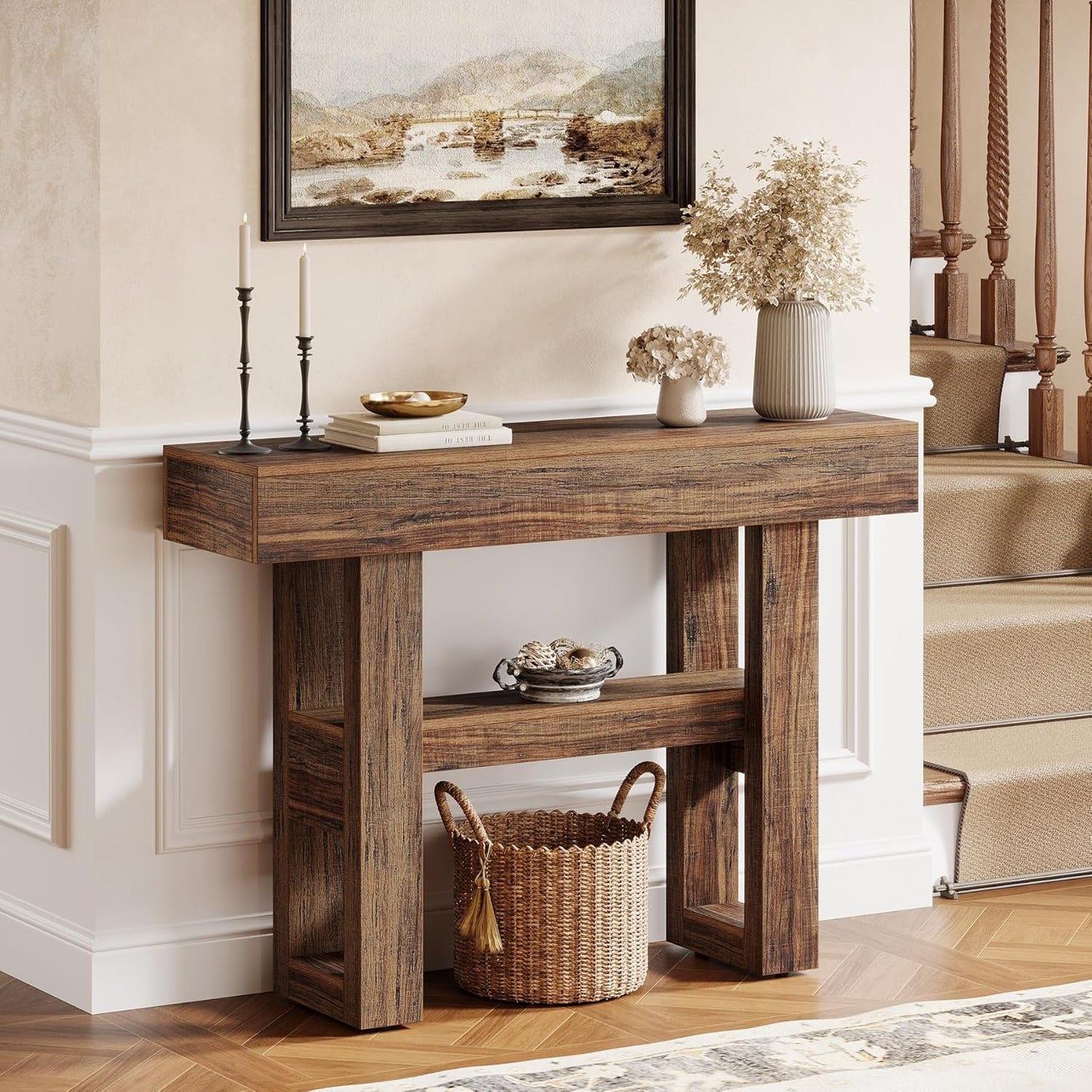 41.34-Inch Farmhouse Console Table, 2-Tier Narrow Sofa Table behind the Couch, Entryway Furniture with Storage Shelves for Hallway Foyer Living Room, Rustic Brown