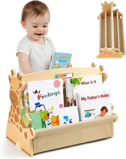 Toddler Bookshelf Double-Sided with 4 Tier Deep Sleeves Kids Wooden Montessori Book Rack for Baby Nursery Room, Playroom, Classroom or Bedroom Bookcase Storage Organizer, Brown Bear