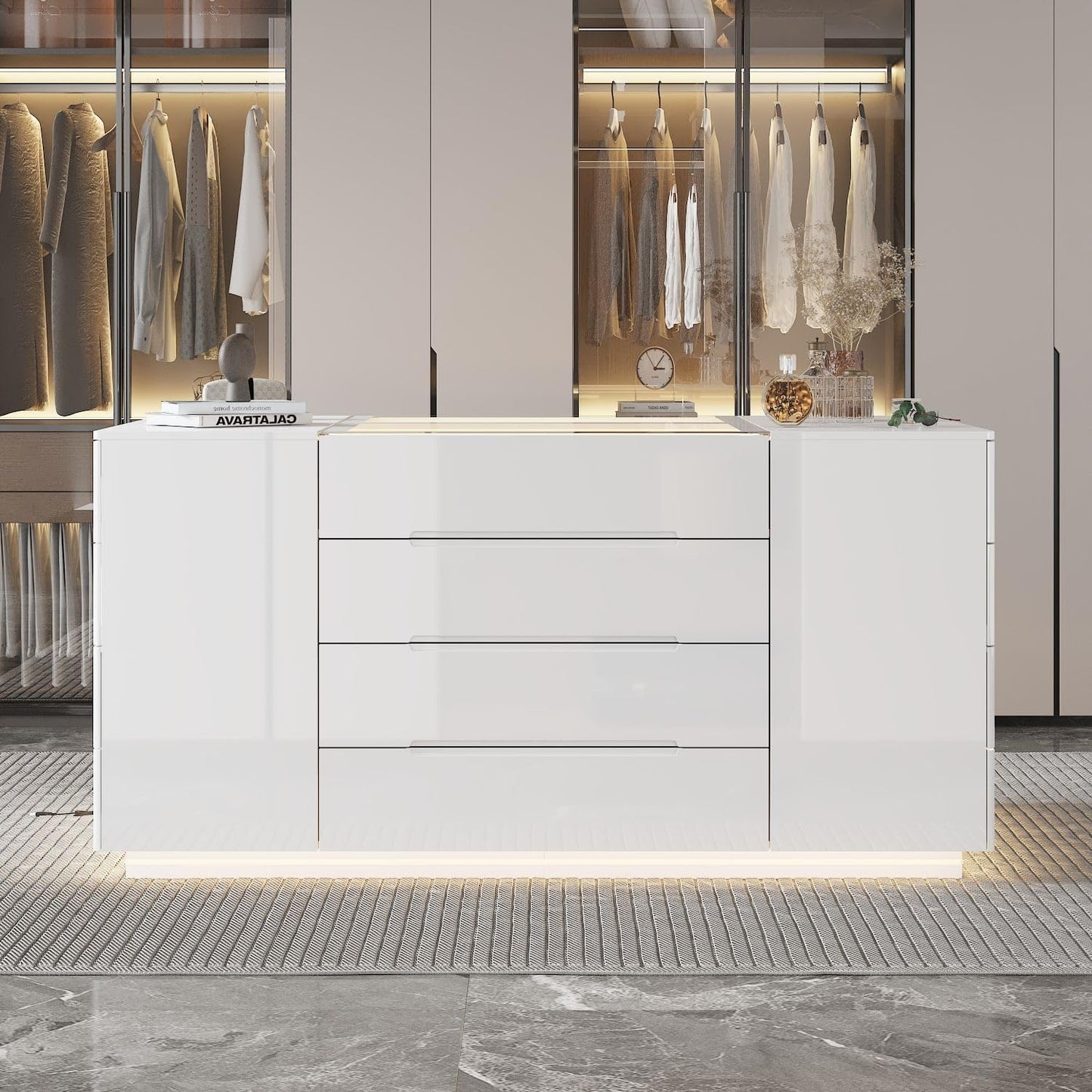 Armoire Bedroom Island Wardrobe Closet Island with 16 Drawers & Glass Tabletop, Island Dresser with Jewelry Organizer, Closet Island for Cloakroom White (63”W X 31.5”D X 31.5”H)