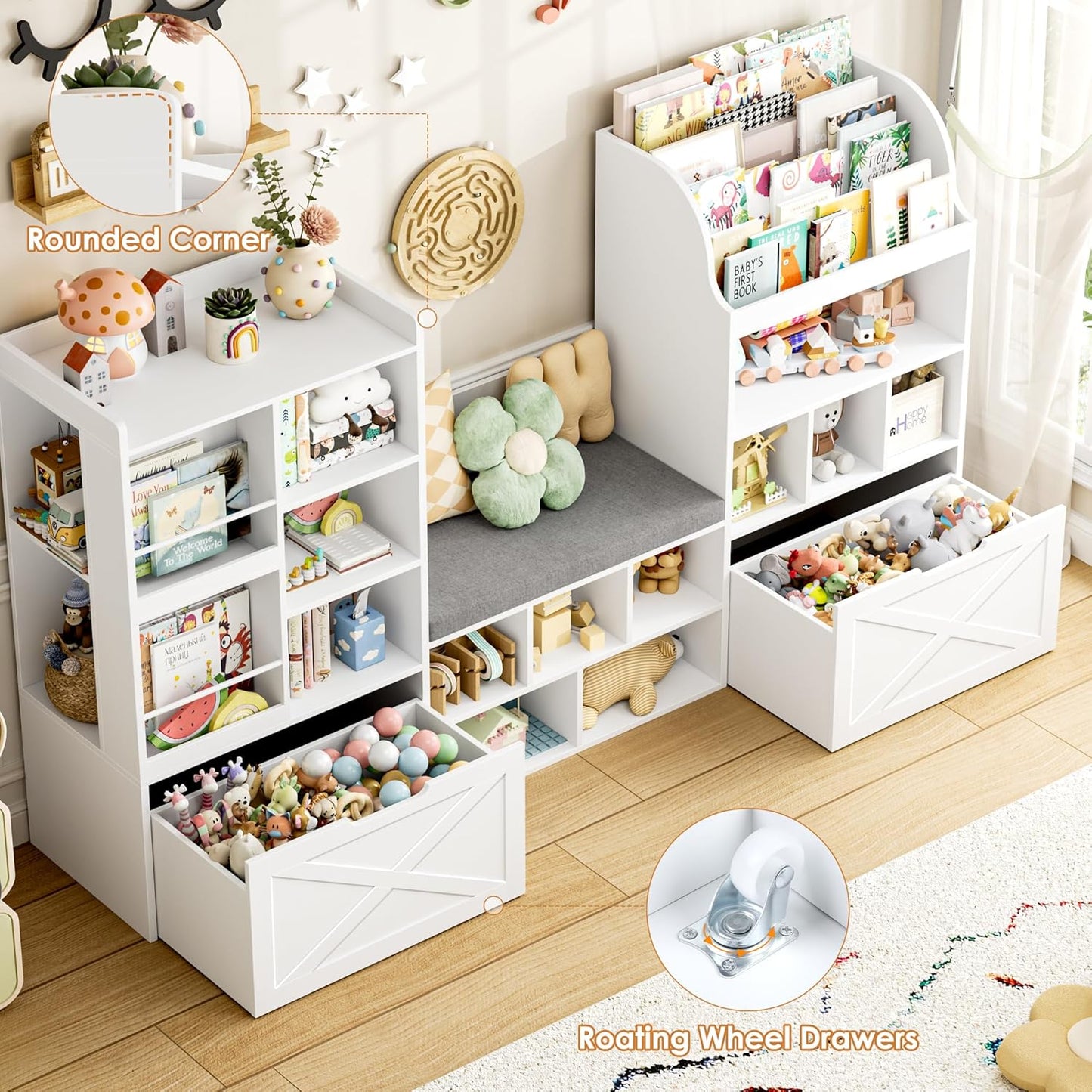 75” W Kids Bookshelf with Reading Nook, Large Toy Storage Toy Organizer with Seat Cushion and 2 Movable Drawers, Kids Reading Nook Kid Bench for Playroom Living Room, White