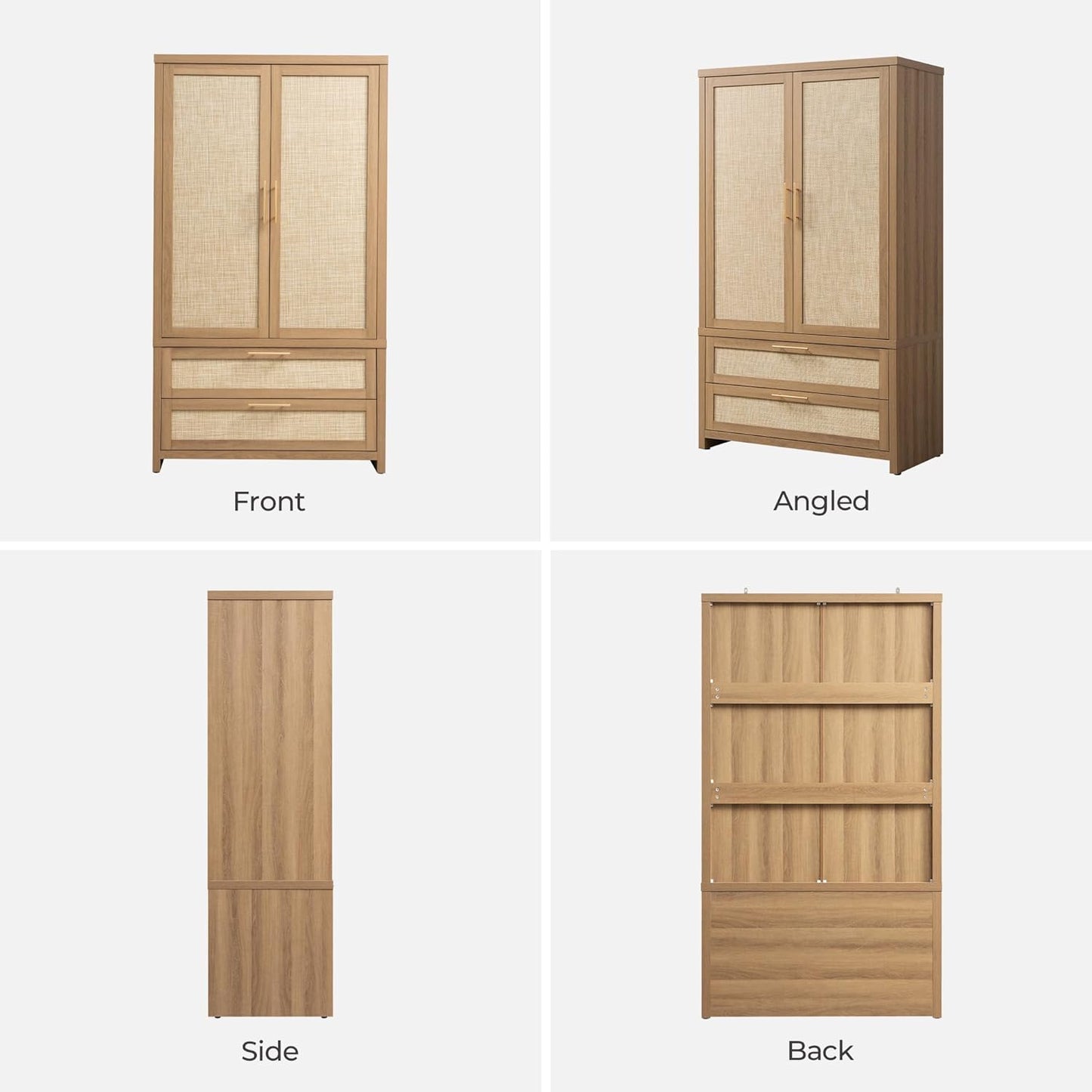Rattan Armoire Wardrobe Closet Cabinet, 71" Tall Wardrobe Storage Cabinet with Doors, Larger Drawers and Hanging Rod, Boho Armoire Clothes Organizer for Bedroom, Laundry Room, Cloak Room, Oak