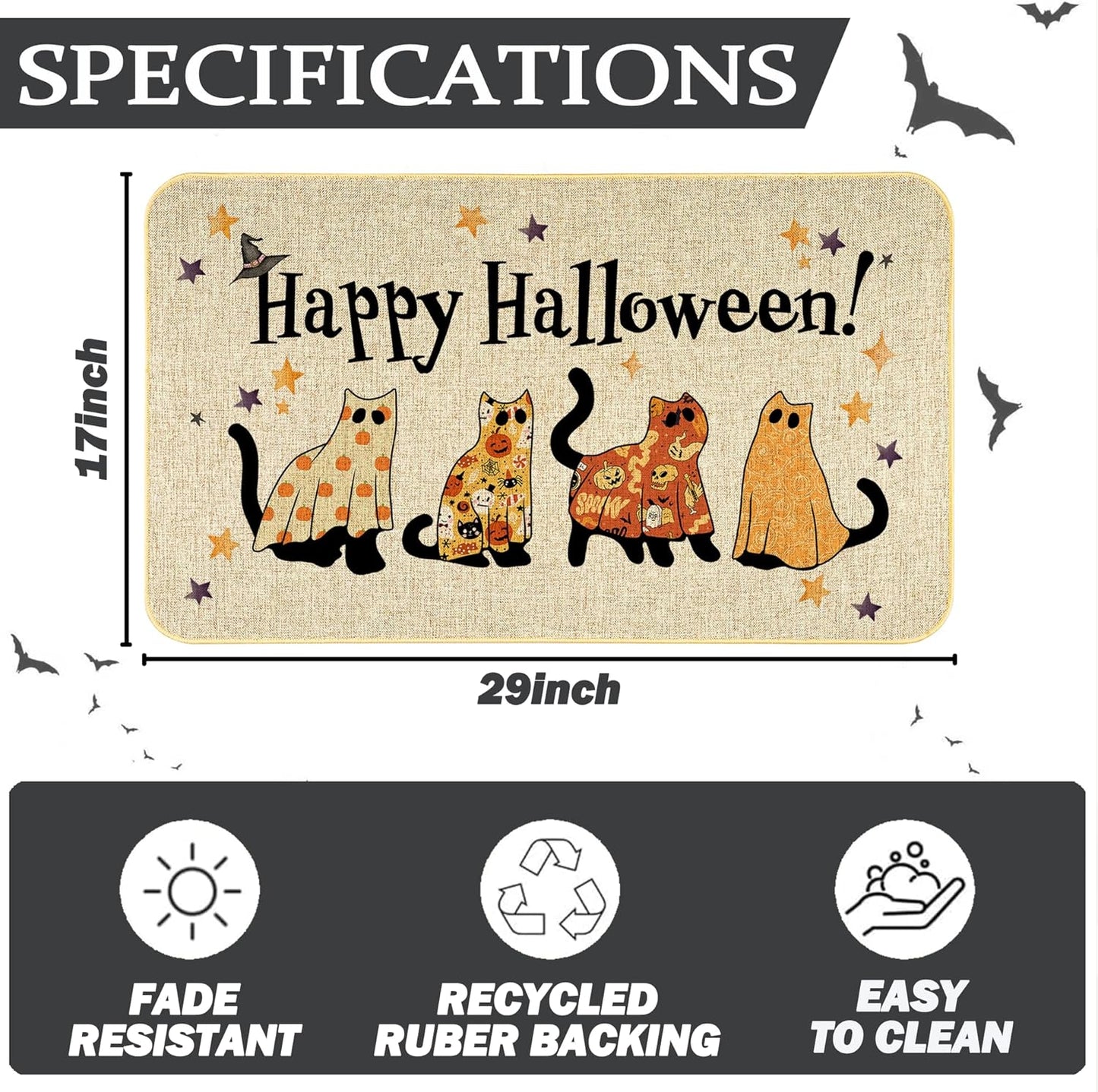 Happy Halloween Doormat Cat Welcome Door Mat Indoor Outdoor Entrance Mat Bathroom Non-Slip Rubber Backed Greeting Halloween Party Decoration 17 X 29 Inches