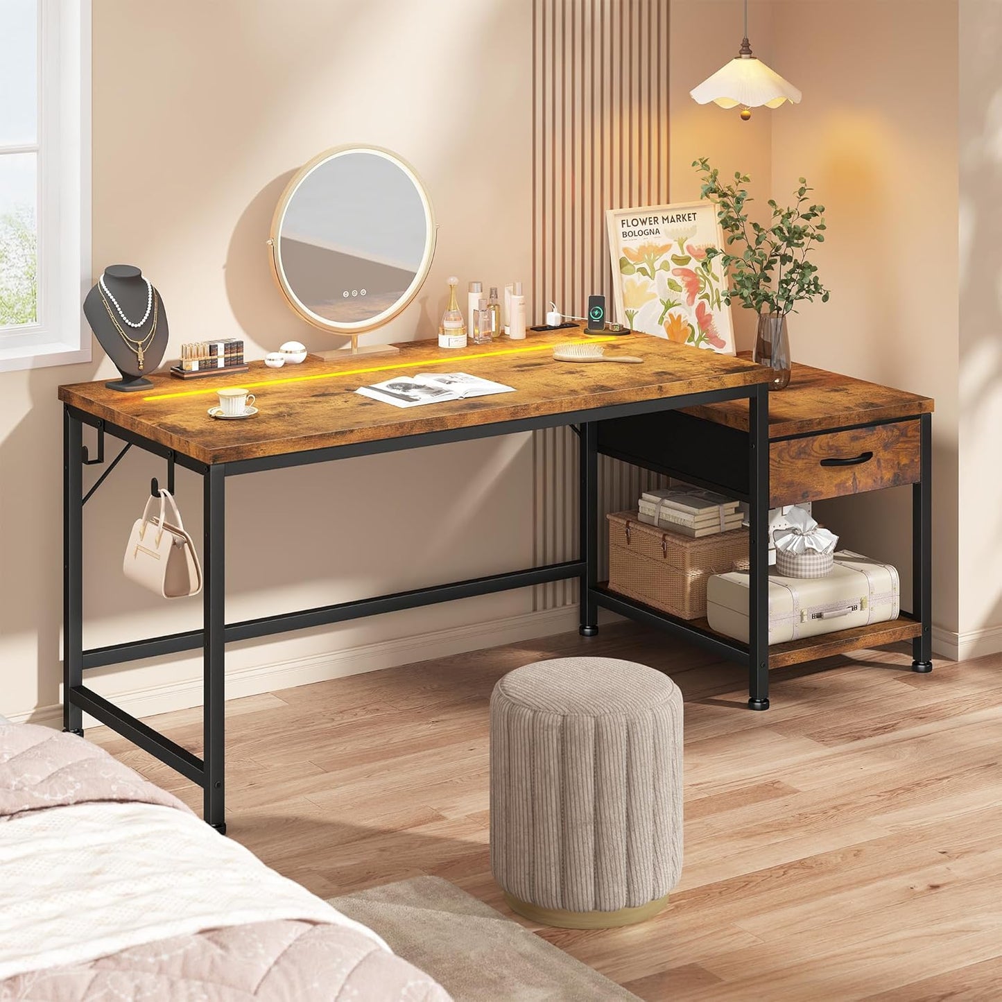 48.1 Computer Desk with Drawers & Printer Shelf,Gaming Desk with LED Lights & Power Outlet,Office Desk with Headphone Hook,Reversible Corner Work Desk for Small Space,Carbon