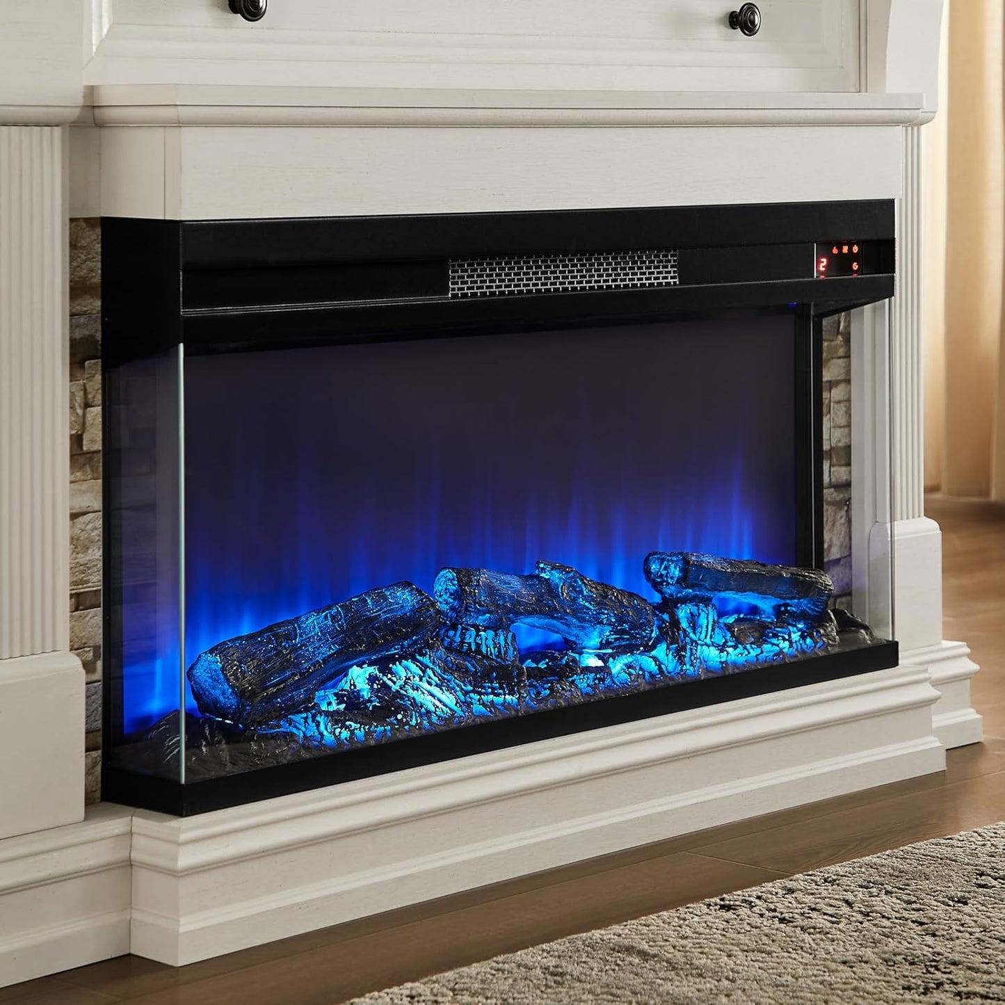 Antique white fireplace TV stand with three sided glass electric fireplace, view 9