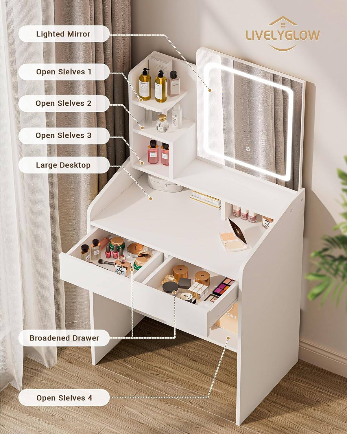 Small Makeup Vanity Desk with Lighted Mirror, White, 23.62" W X 15.74" D X 53.93" H (Smart LED Mirror, Open Shelves, 2 Drawers)