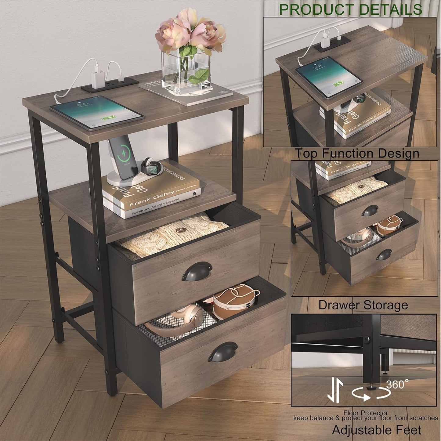 Nightstand with Charging Station, LED Night Stand Set of 2, Bedside Table End Table with Drawer, Bedroom Tables with 2 Fabric Drawers, 3-Tier Storage Side Table for Bedroom,Grey