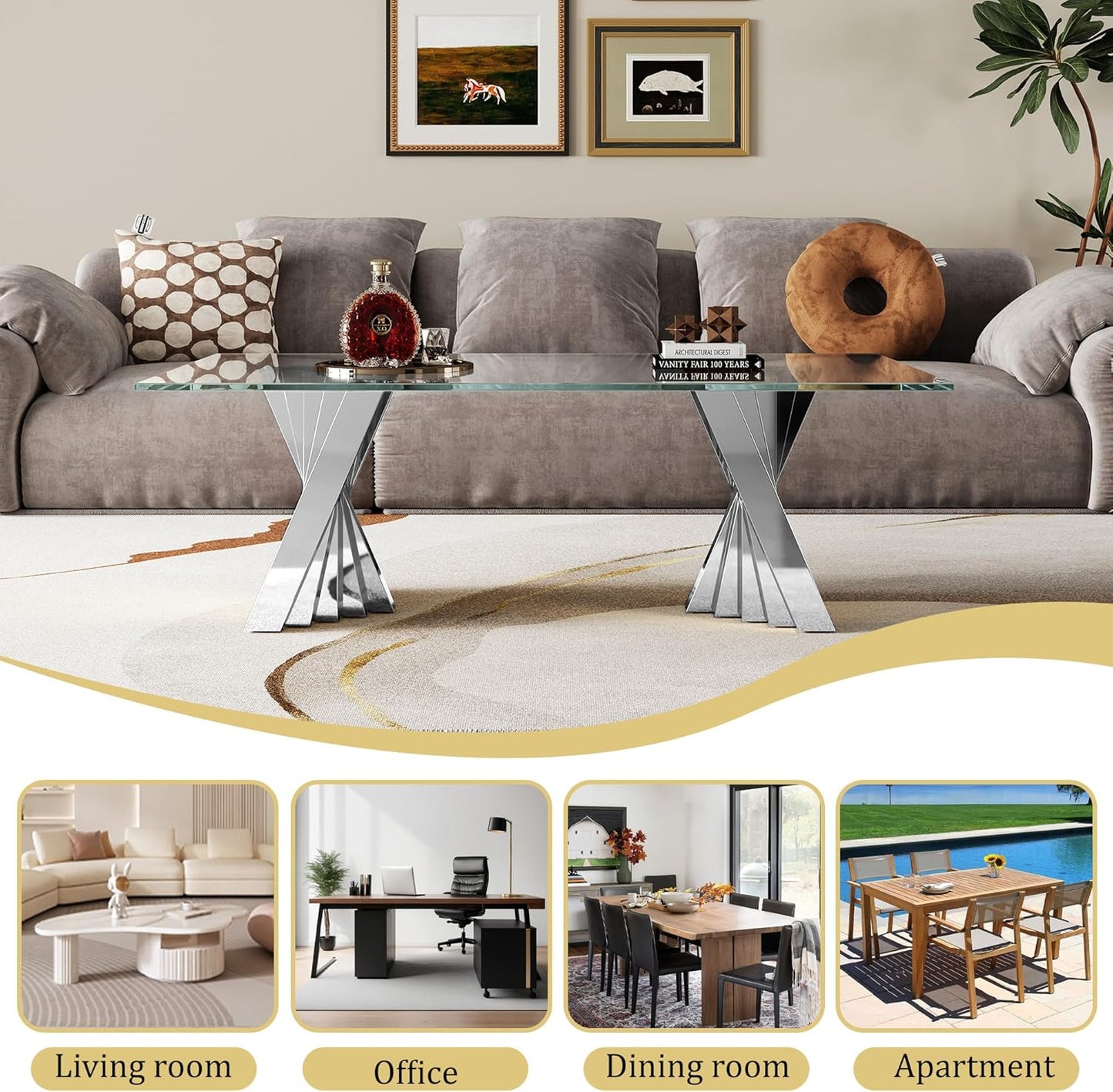 Silver 3 Piece Living Room Table Set with 1 Glass Coffee Table & 2 End Table, 3 Piece Coffee Table Set with Tempered Glass Tabletop and Stainless Steel Pedestal, Easy to Assemble