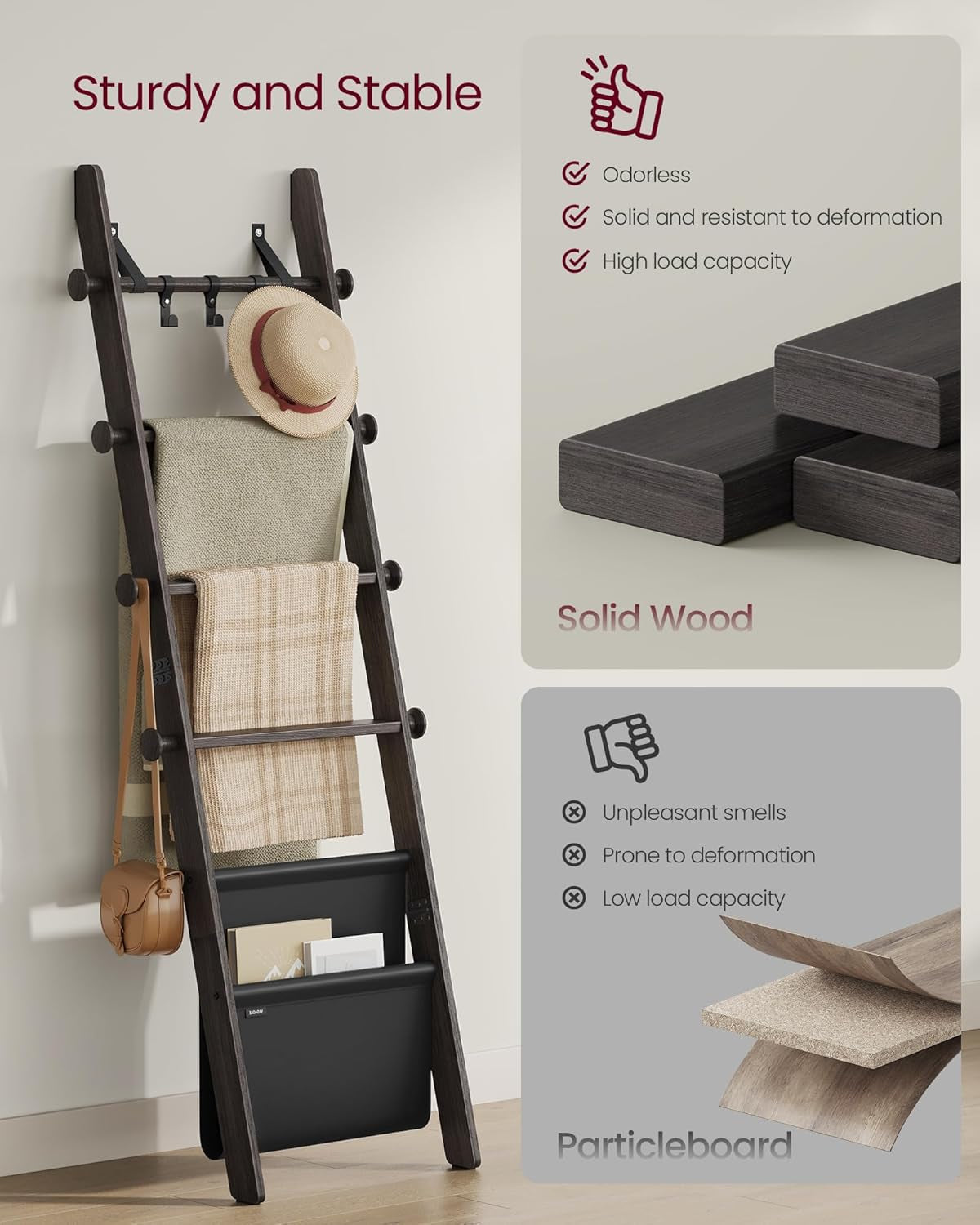 Blanket Ladder for Living Room, 5-Tier Wooden Ladder Shelf, Decorative Farmhouse Blanket Rack with Synthetic Leather Bag, Metal Hooks, Side Hooks, for Bedroom, Cream White ULLS022W01