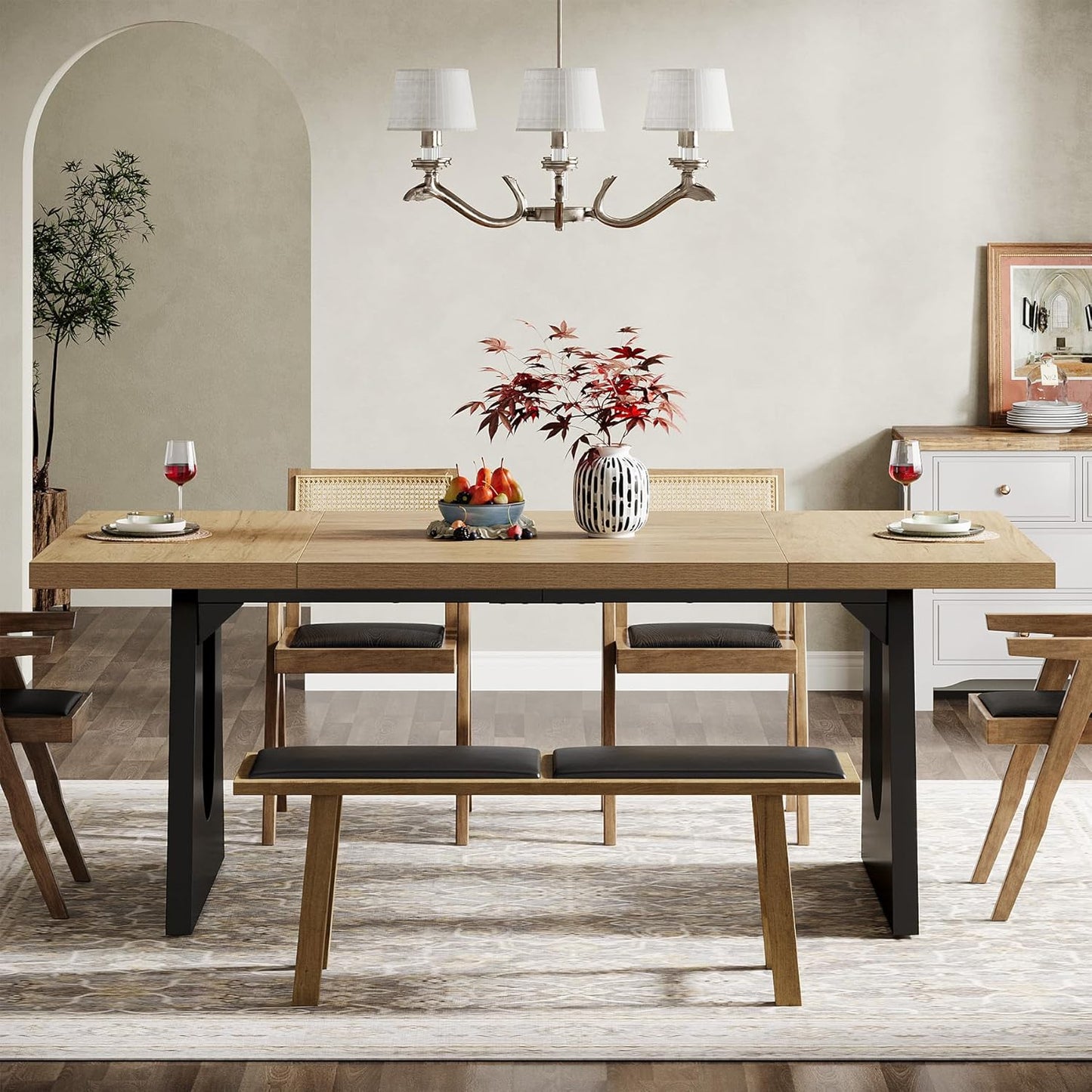Large Dining Table for 6-8 People, 70.9-Inch Wood Rustic Rectangular Table with Black Wooden Legs, Farmhouse Center Kitchen Table for Dining Room, Living Room, Home Furniture, Oak and Black
