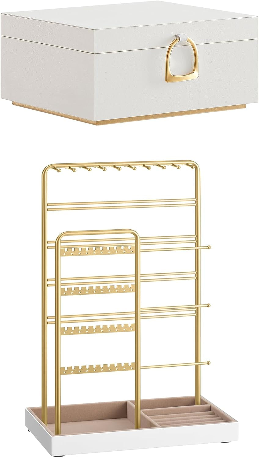 2-Layer Jewelry Box Bundle with Jewelry Holder, Jewelry Organizer with Handle, Floating Effect, Jewelry Display Stand with Metal Frame, White and Pale Gold UJBC165W01 and UJJS028A01