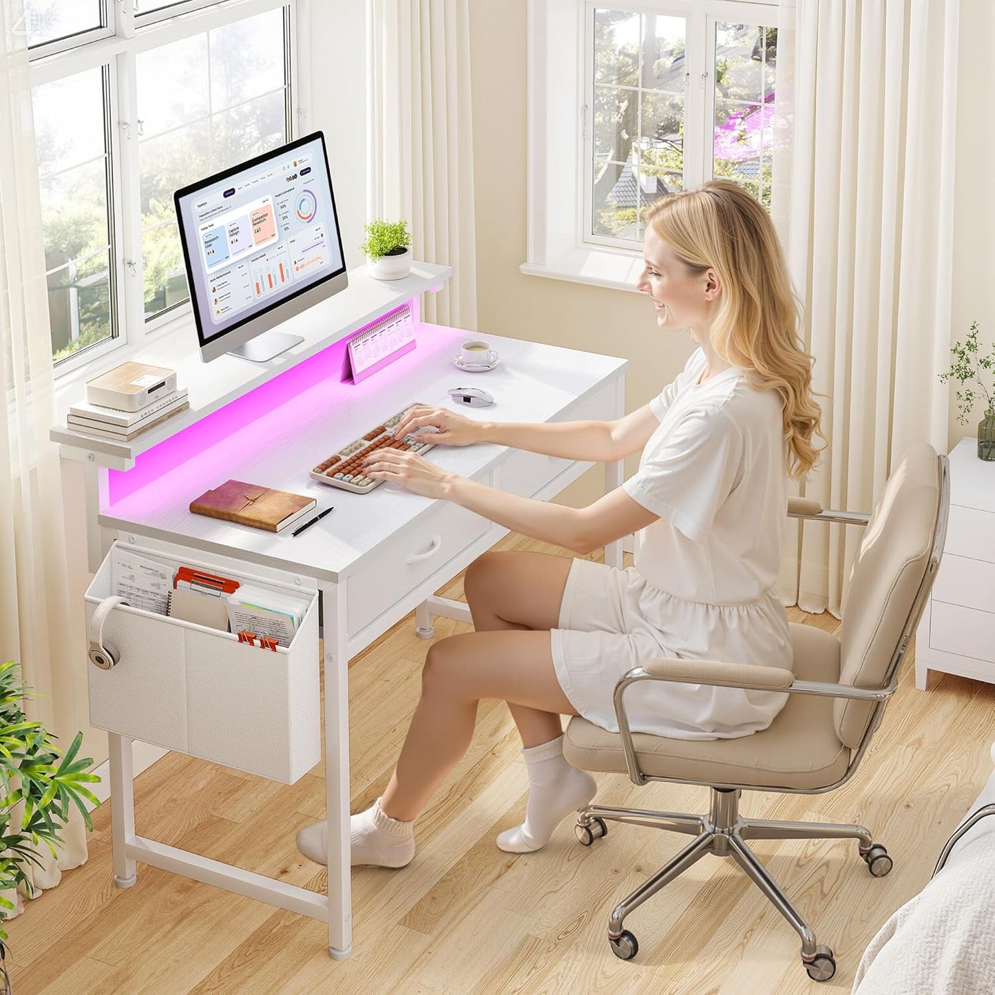 Computer Desk with 2 Drawers & LED Lights,31.5 Inch Home Office Desks with Side Pocket and Monitor Stand,Study Writing Table for Small Spaces,White