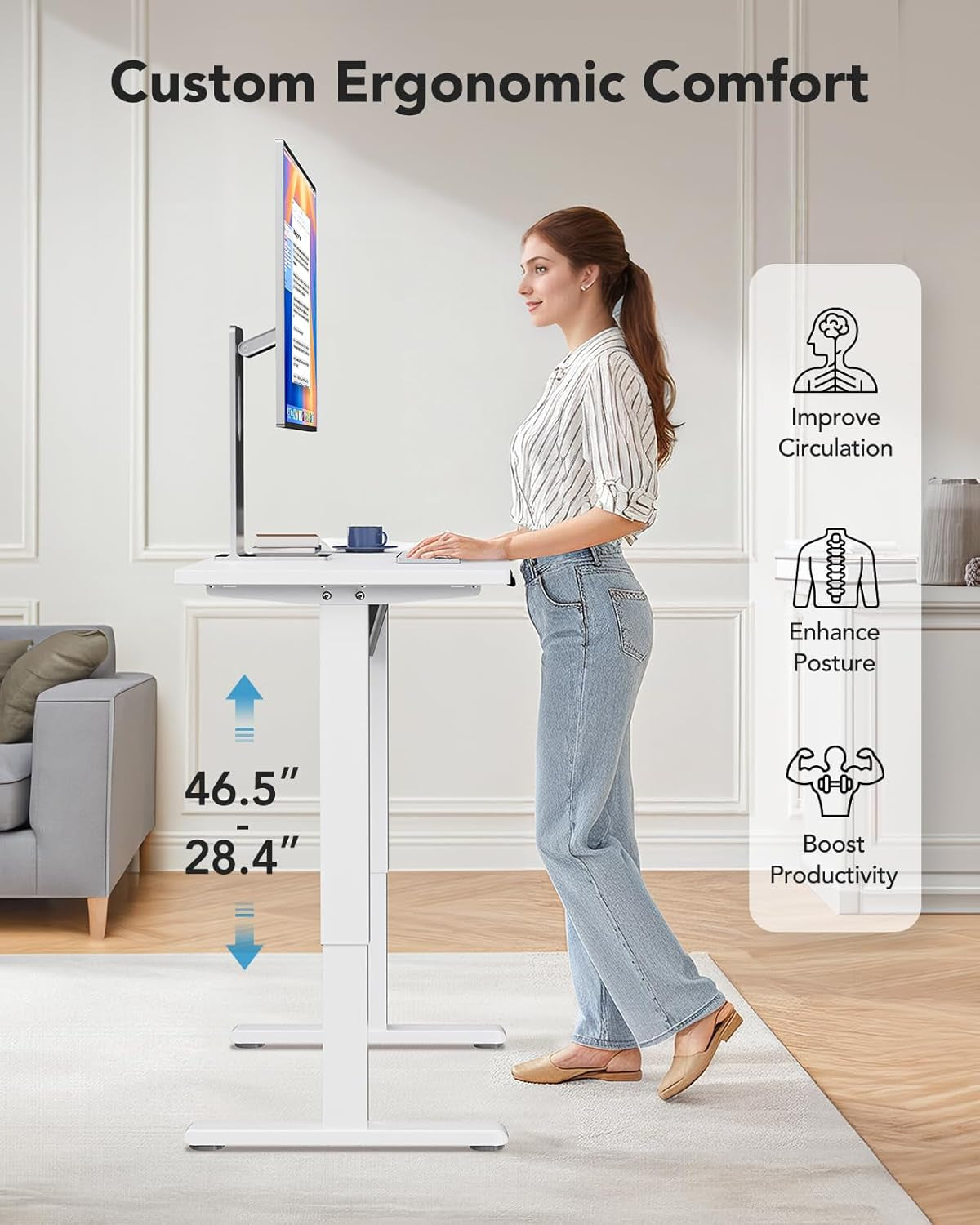 Electric Small Standing Desk, 35" X 20" Whole Piece Desktop, Adjustable Height Computer Desk, 4 Height Memory Settings, Sit Stand up Desk for Home Office, White