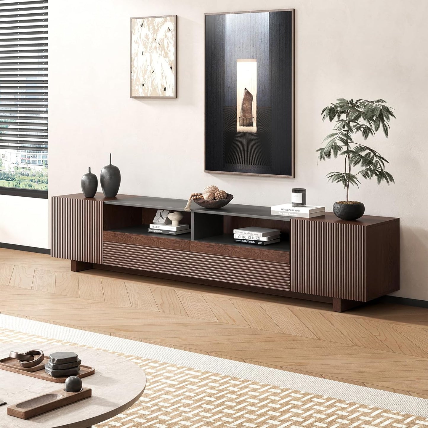 78.8 Inch TV Stand with Storage Cabinets for Living Room, Tvs Media Console Entertainment Center with Drawers, Wood Fluted Television Stands with Open Shelves for Bedroom, Dark Brown Walnut