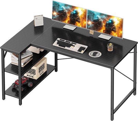 L Shaped Desk, 47 Inch Gaming & Home Office Desk with Reversible Storage Shelves, Metal Frame, Carbon Fiber Black