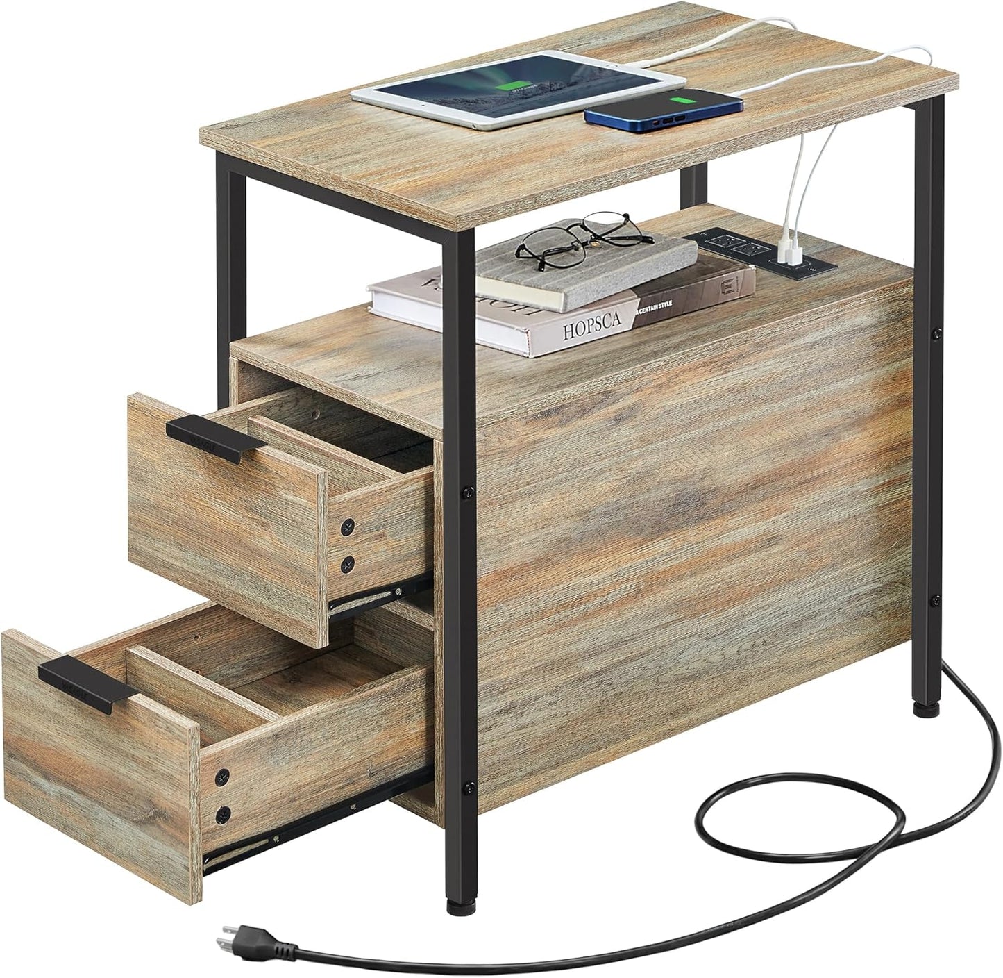 Side Table with Charging Station, Narrow End Table with 2 Drawers, Slim Nightstand and Bedside Table with Storage, for Small Spaces, Oak with Blue Grains and Black ULET321B60