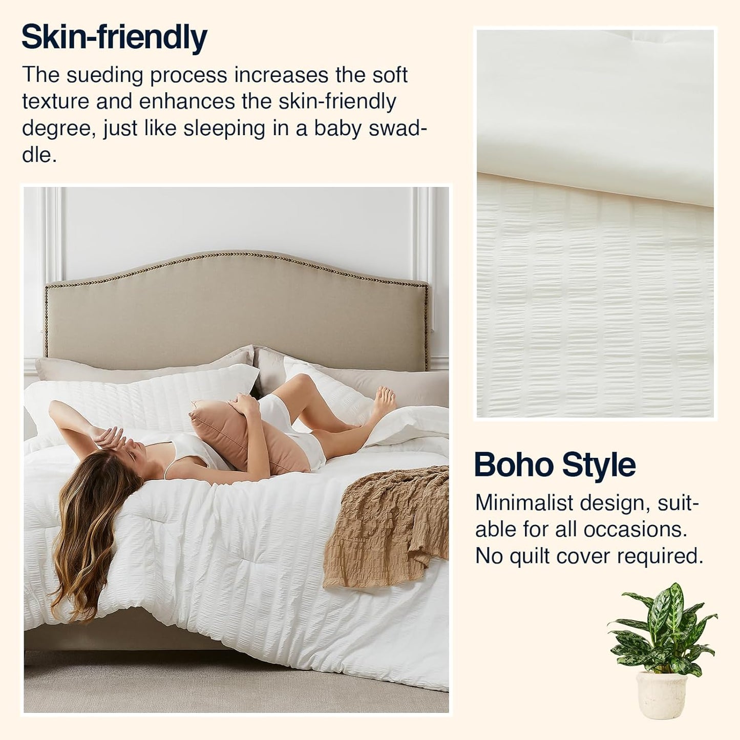 Beige Queen Comforter Set - 3 Pieces Seersucker Lightweight Bedding Comforter Sets (1 Soft Fluffy Comforter & 2 Pillowcases) - All Seasons Cozy Farmhouse Bed Sets for Women Men