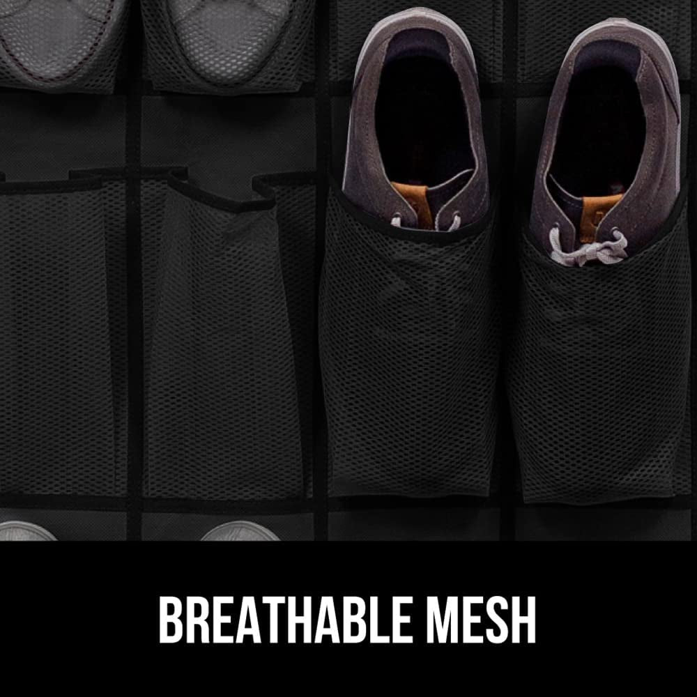 over the Door Shoe Organizer, 24 Large Breathable Mesh Pockets, Space Saving Hanging Storage Holder, Closet Rack Hanger Holds up to 40 Lbs, Hangs on Closets for Shoes, Accessories, Black