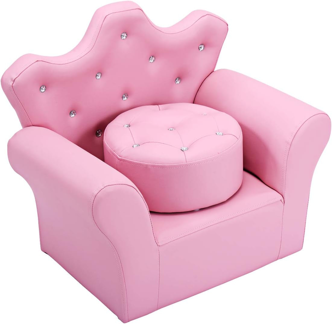 Pink kids princess sofa with ottoman and diamond decoration, view 9