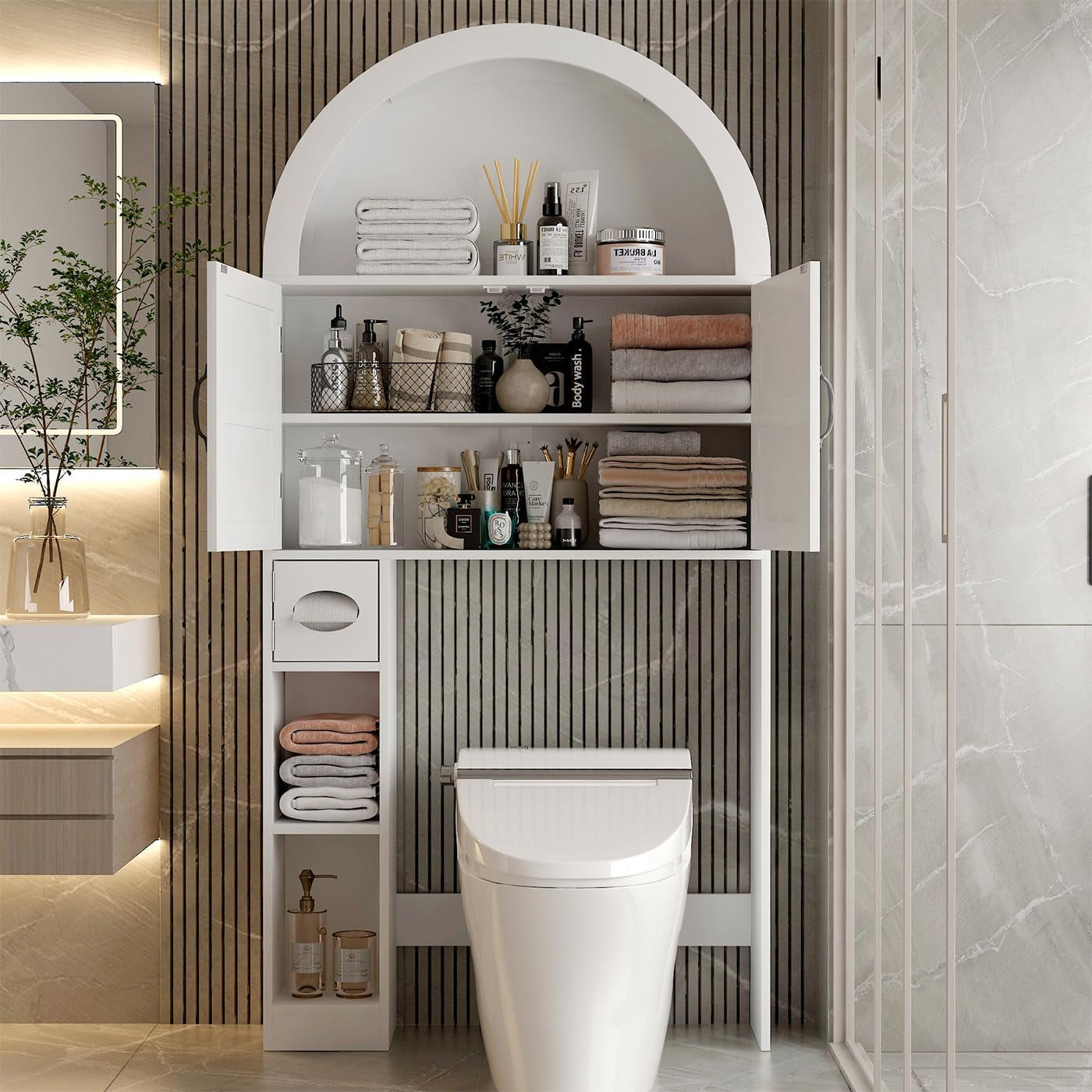 Over the Toilet Storage Cabinet, Space Saving Bathroom Organizer and Storage with Door, for Bathroom, Laundry, Restroom, White