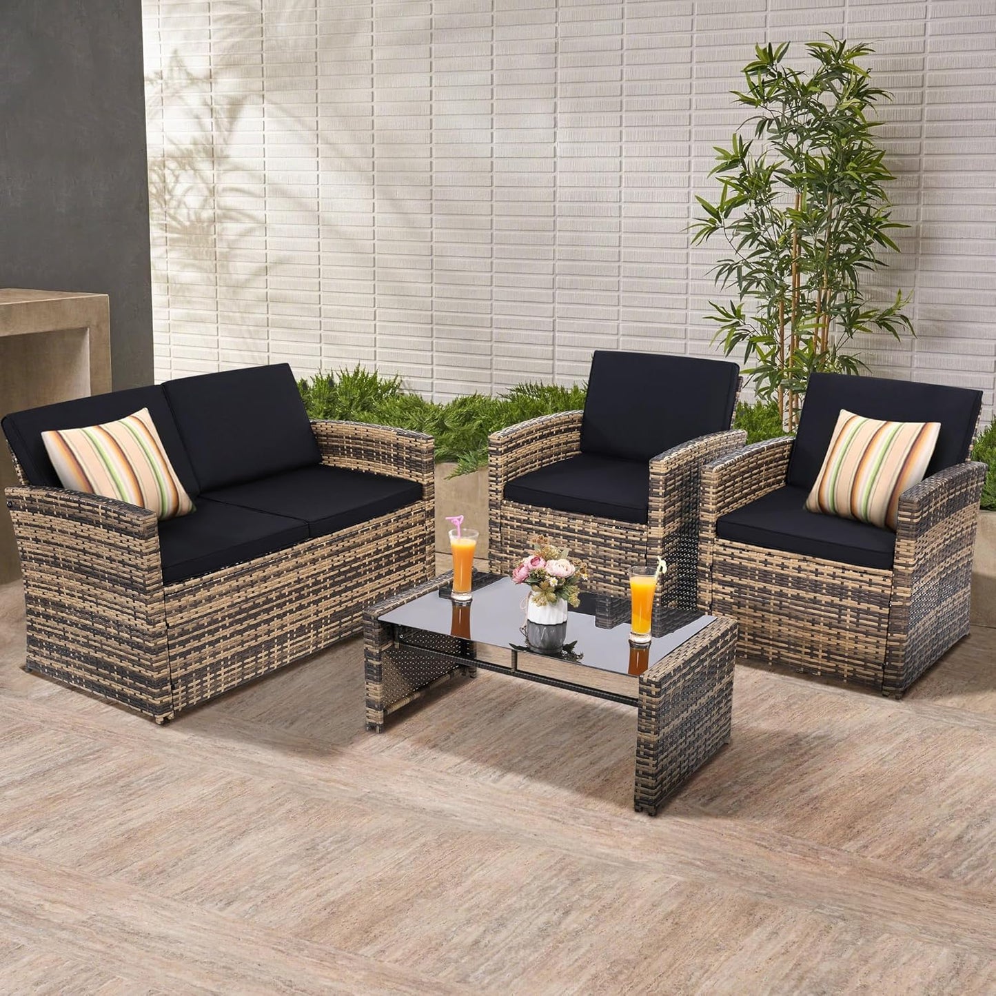 4-Piece Patio Furniture Set, Wicker Outdoor Rattan Sectional Sofa with Cushions and Glass Table, All-Weather Outdoor Conversation Set for Garden, Porch, Backyard, Patio, Black