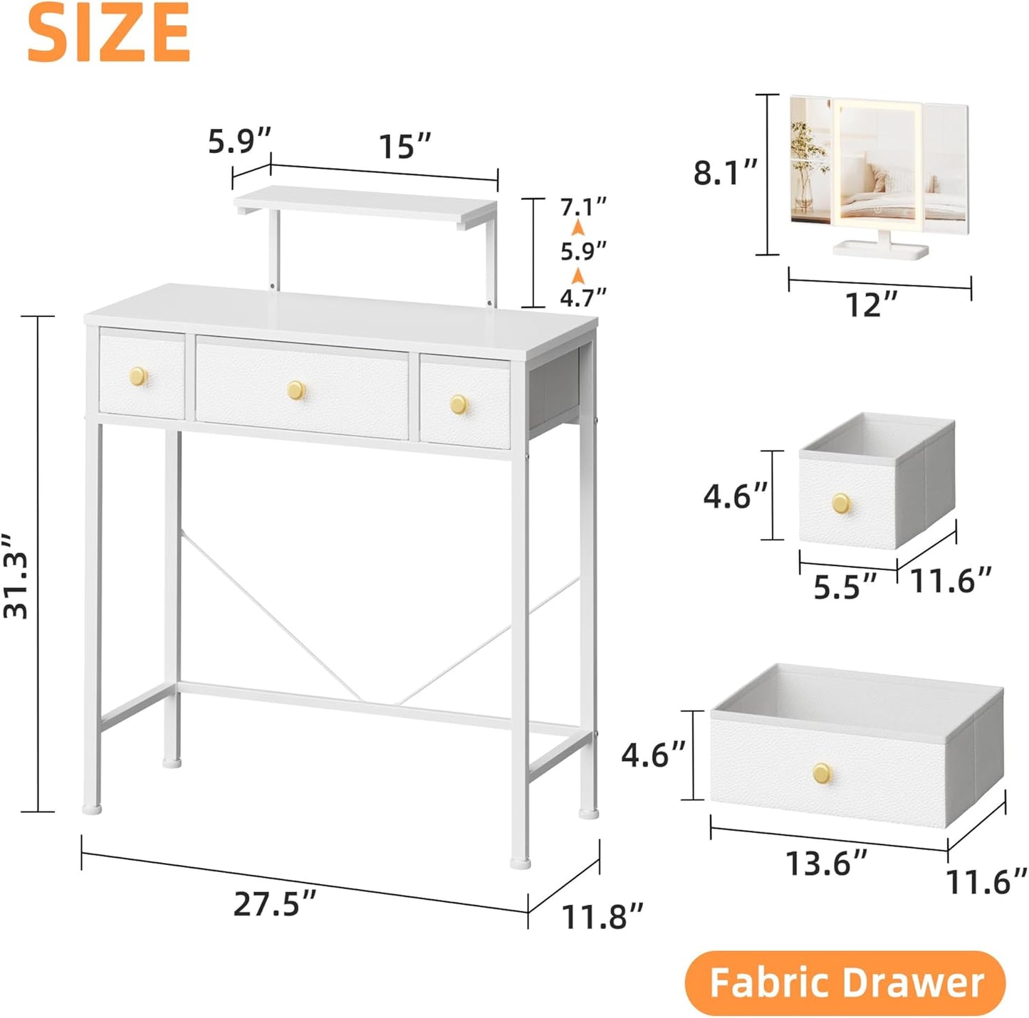 Small Makeup Vanity Desk with 3 Fabric Drawers, Vanity Table 11.8" D X 27.5" W with Mirror and Lights and Height-Adjustable Stand, Vanity for Girls Gifts, Bedroom and Small Spaces, White