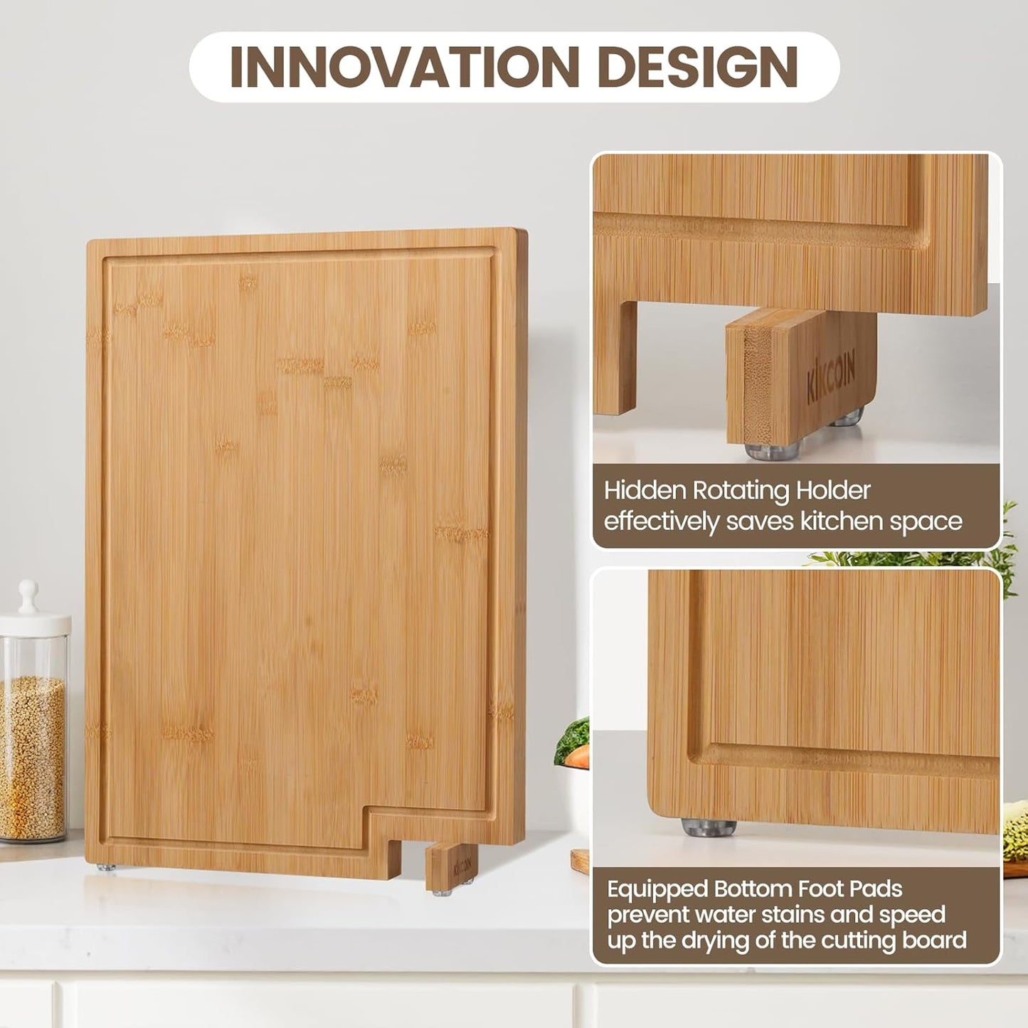 Bamboo Cutting Boards for Kitchen, Extra Large Wood Cutting Board with Rotating Kickstand & Juice Groove, Wooden Chopping Board for Meats Veges Fruits, Heavy Duty Serving Tray, 17 X 11.3 Inch
