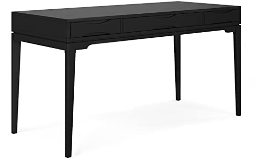 Harper Desk - 60 Inch Wide Solid Wood Writing Desk in Black, Mid-Century Modern Home Office Computer Table for Workspace or Study with 2 Drawers and Flip-Down Keyboard Tray