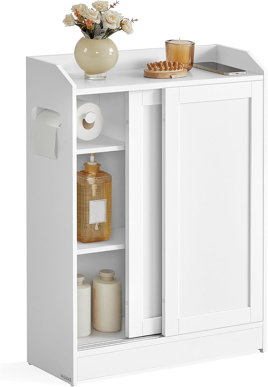 Bathroom Cabinet, Slim Bathroom Storage Cabinet, Toilet Paper Holder and Brush Compartment, Sliding Doors, Adjustable Shelves, Next to Toilet, 7.9 X 23.6 X 31.5 Inches, Cloud White UBBC752W01