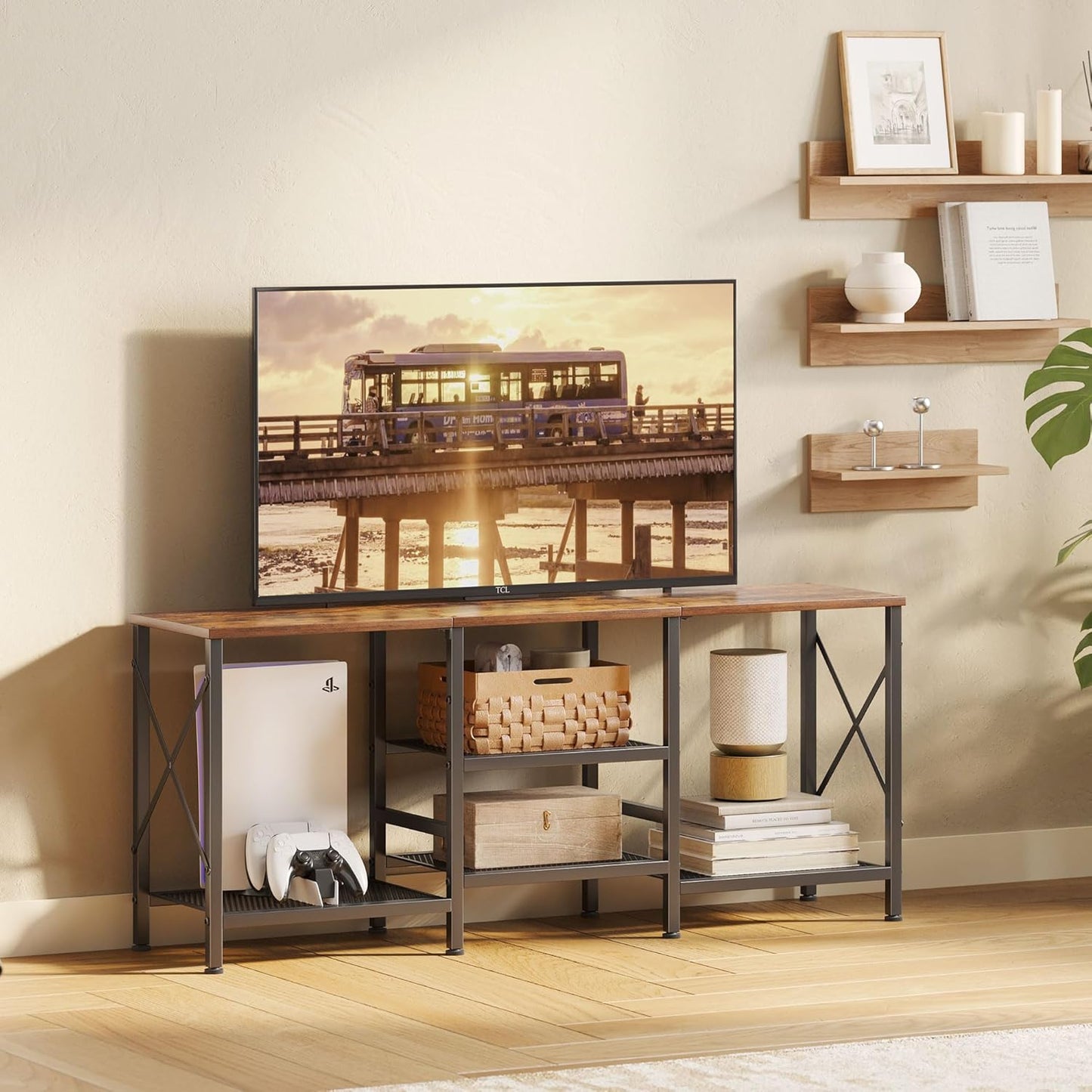 Rustic brown TV stand with three tier open shelves, view 7