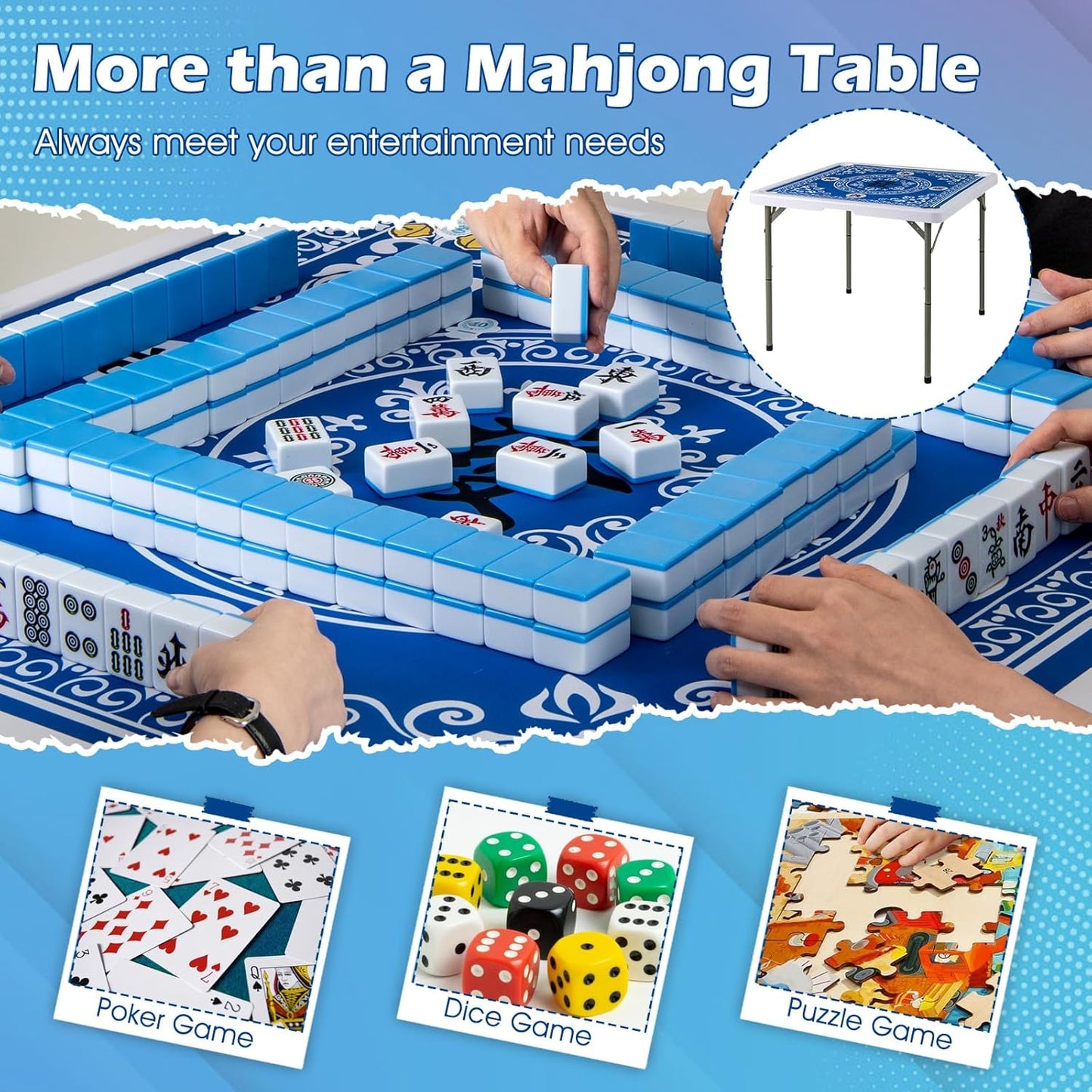 Folding Mahjong Table, 35" Square Card Table with Cup Holders, Removable Noise Reduction Mat, HDPE Tabletop, 4-Player Portable Domino Tables for Poker Blackjack Board Game (Blue)