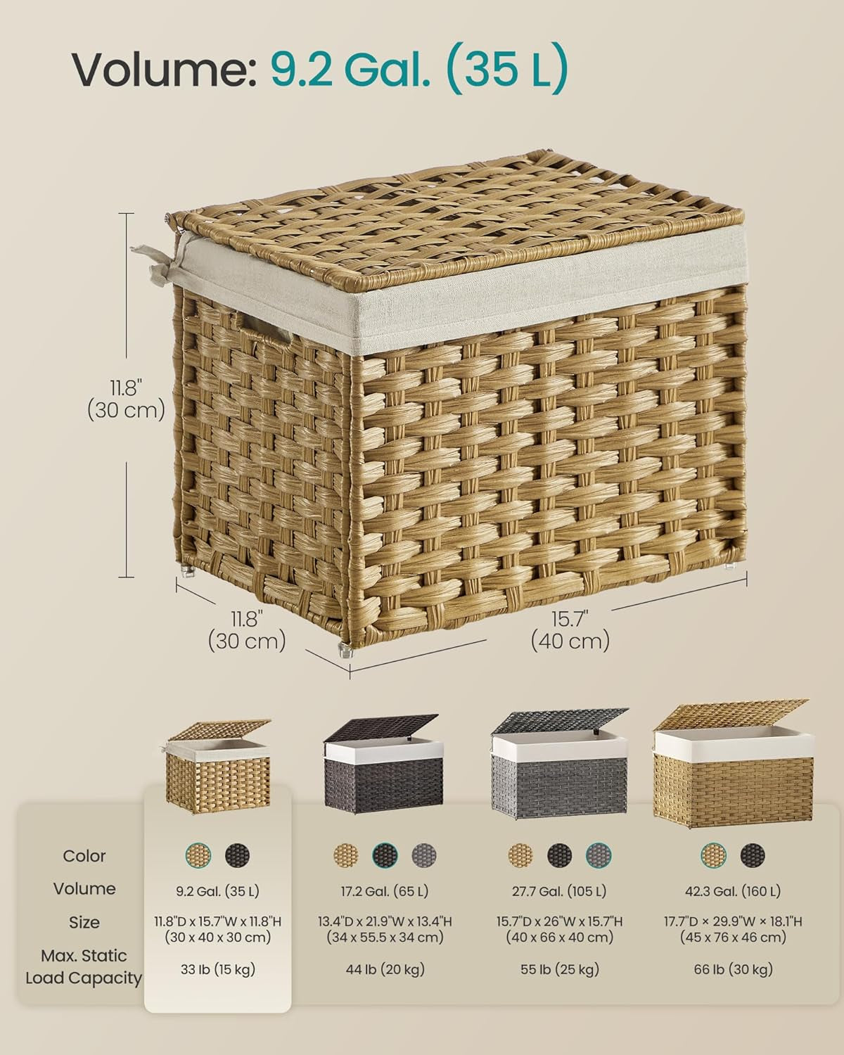Natural woven storage basket with lid, handles and removable liner, view 7