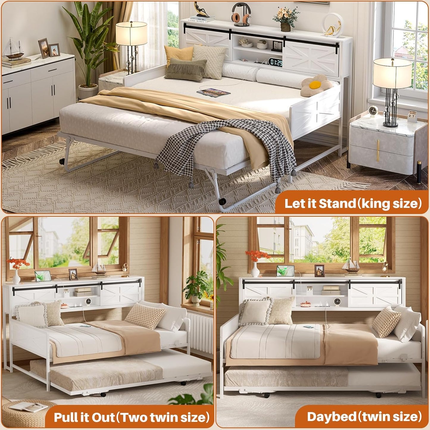 Daybed with Trundle, Farmhouse Twin Day Bed with Bookcase Headboard and Charging Station, Heavy Duty Metal Sofa Bed Frame with Pop-Up Trundle Bed for Living Room, Bedroom, White