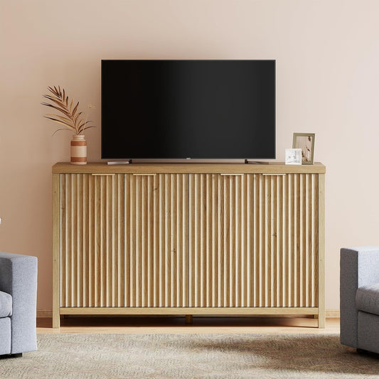 Buffet Cabinet Fluted Sideboard 56" Accent Cabinet with Adjustable Shelves 4 Doors Modern Storage Credenza for Living Room Kitchen Hallway,Golden Oak