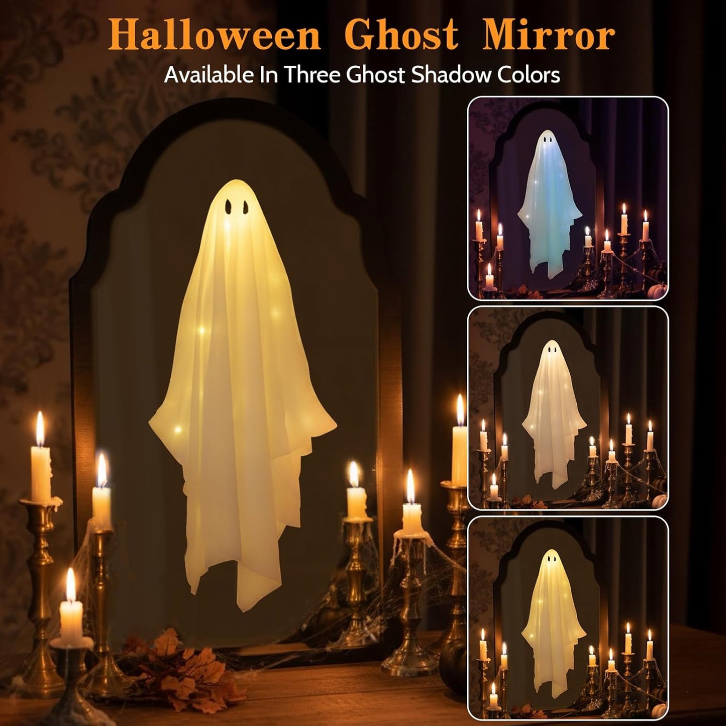 21.6" X 12.9" Halloween Ghost Mirror, Ghost Hologram Mirror with Remote, Spooky Halloween Ghost Decoration Indoor for Wall Mantle, DIY Haunted House Props-Wavy Border
